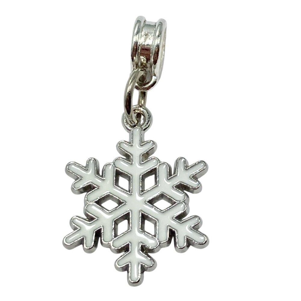 Silver Snowflake European Bead Slider Charm White Enamel Plated Pendant Necklace